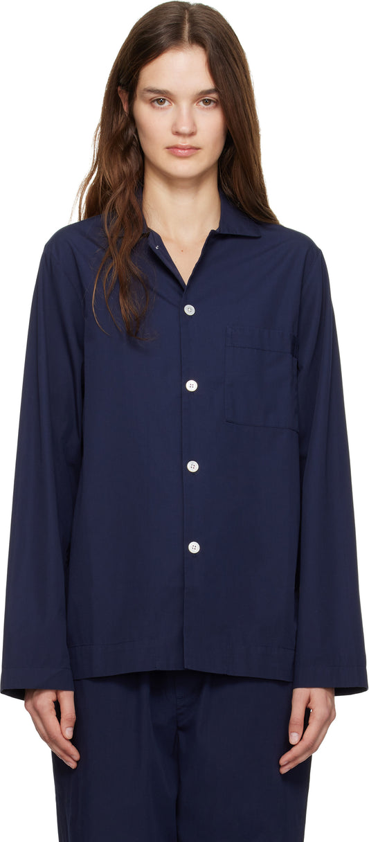 Navy Poplin Long-Sleeved Pyjama Shirt