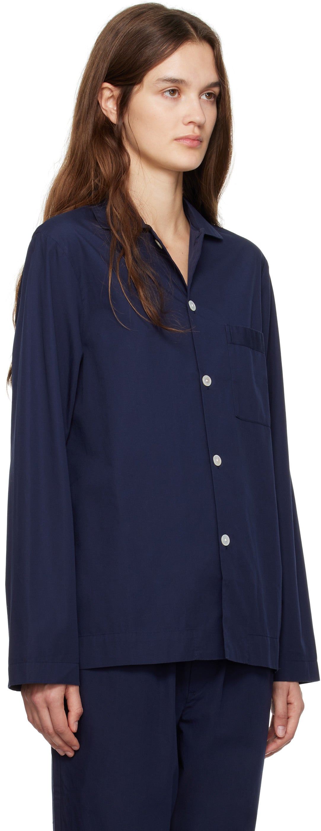 Navy Poplin Long-Sleeved Pyjama Shirt